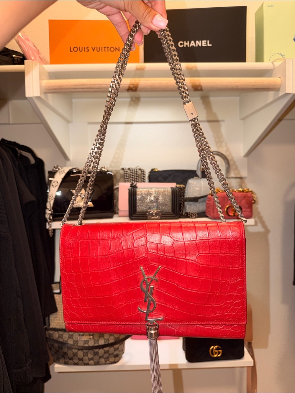 Saint Laurent Red Croc-Embossed Chain Shoulder Bag with Tassel